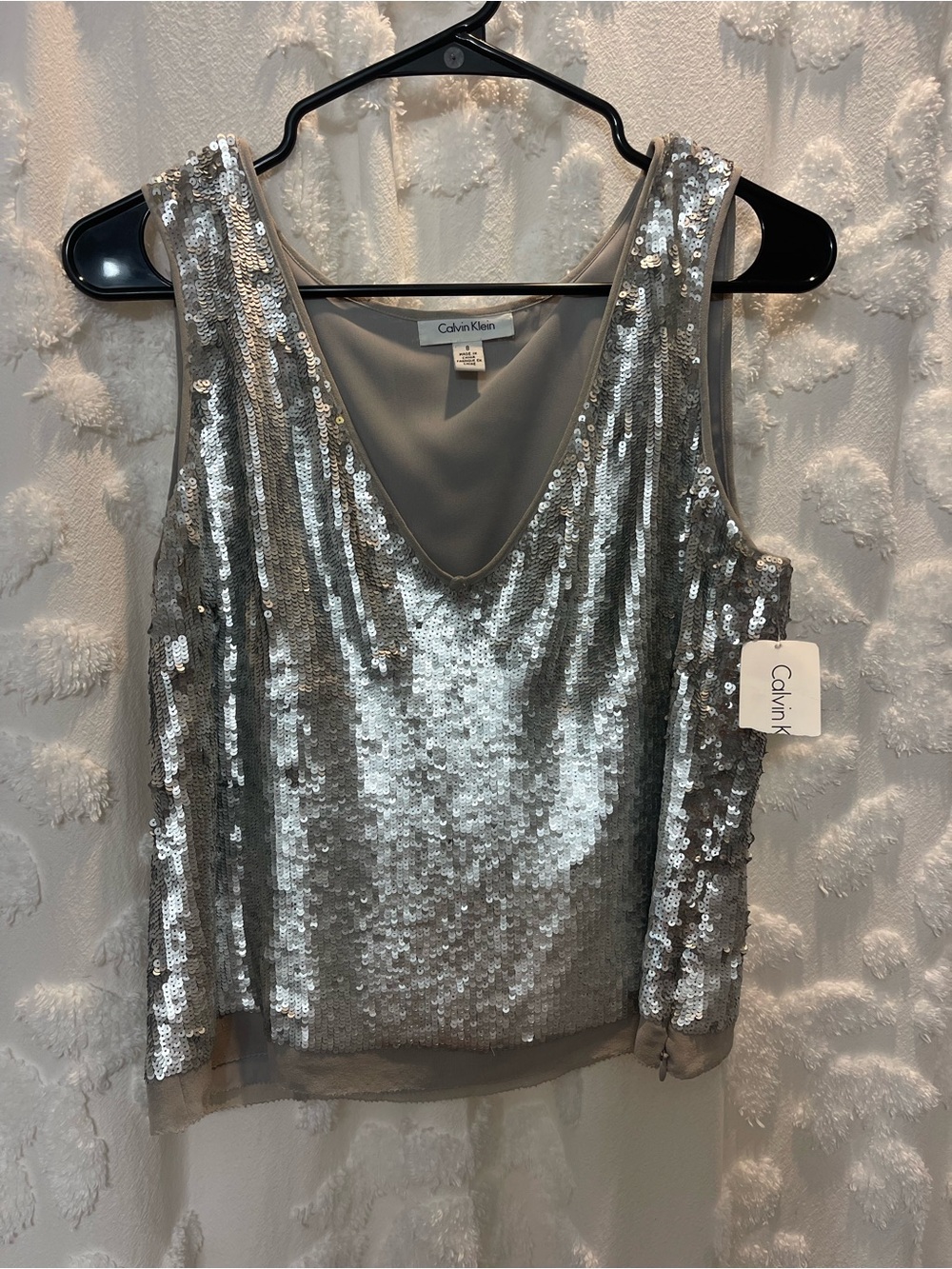 New with Tags 100% silk silver sequin Calvin Klein tank top